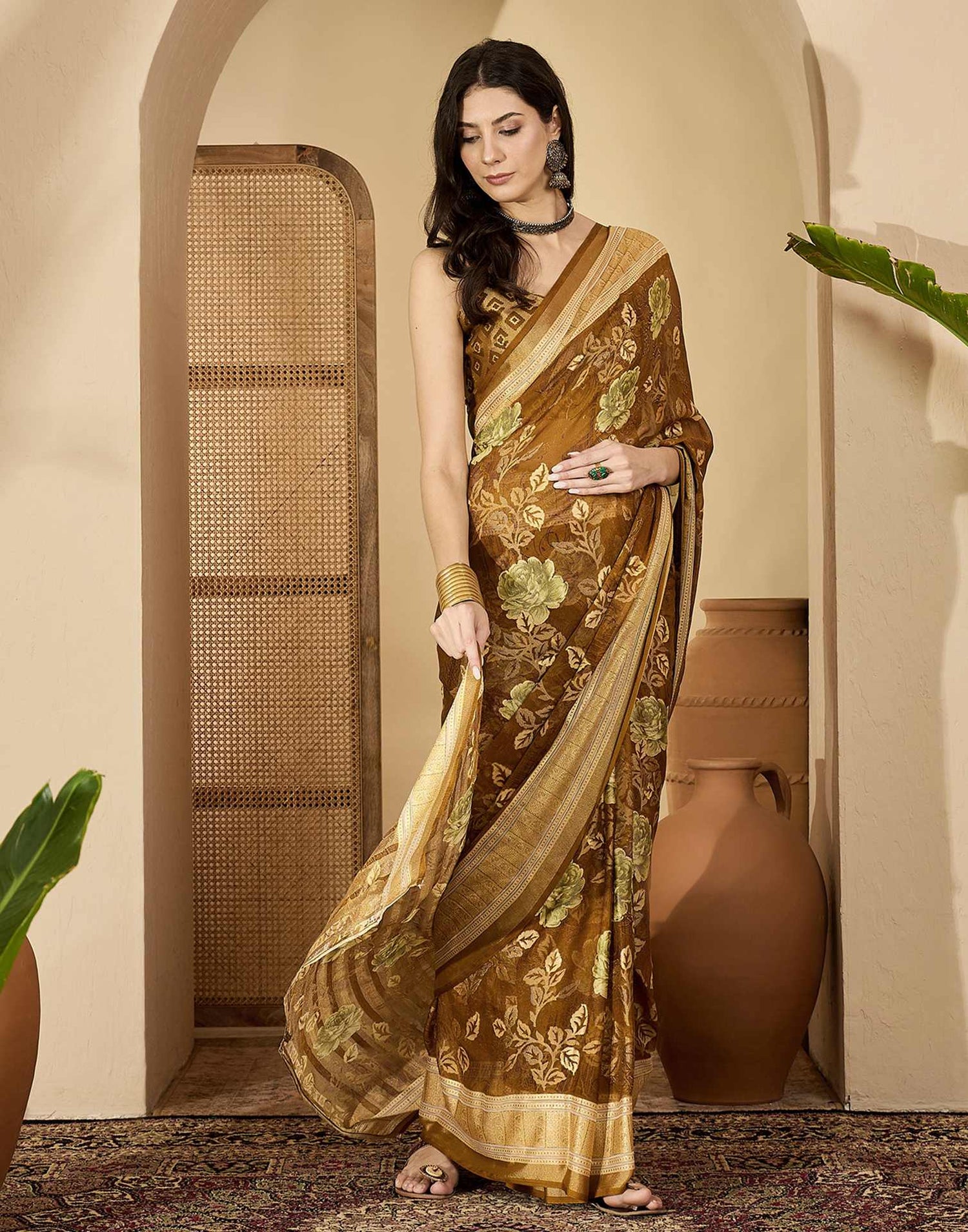 Brown Georgette Floral Printed Saree