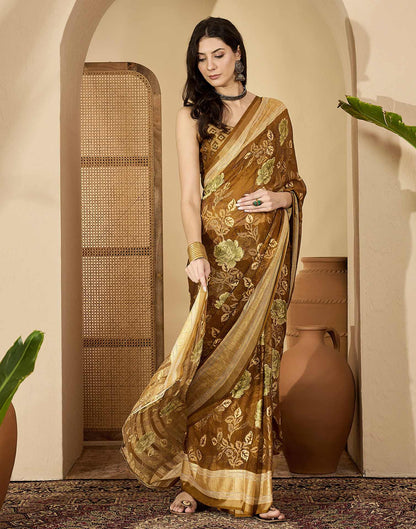 Brown Georgette Floral Printed Saree