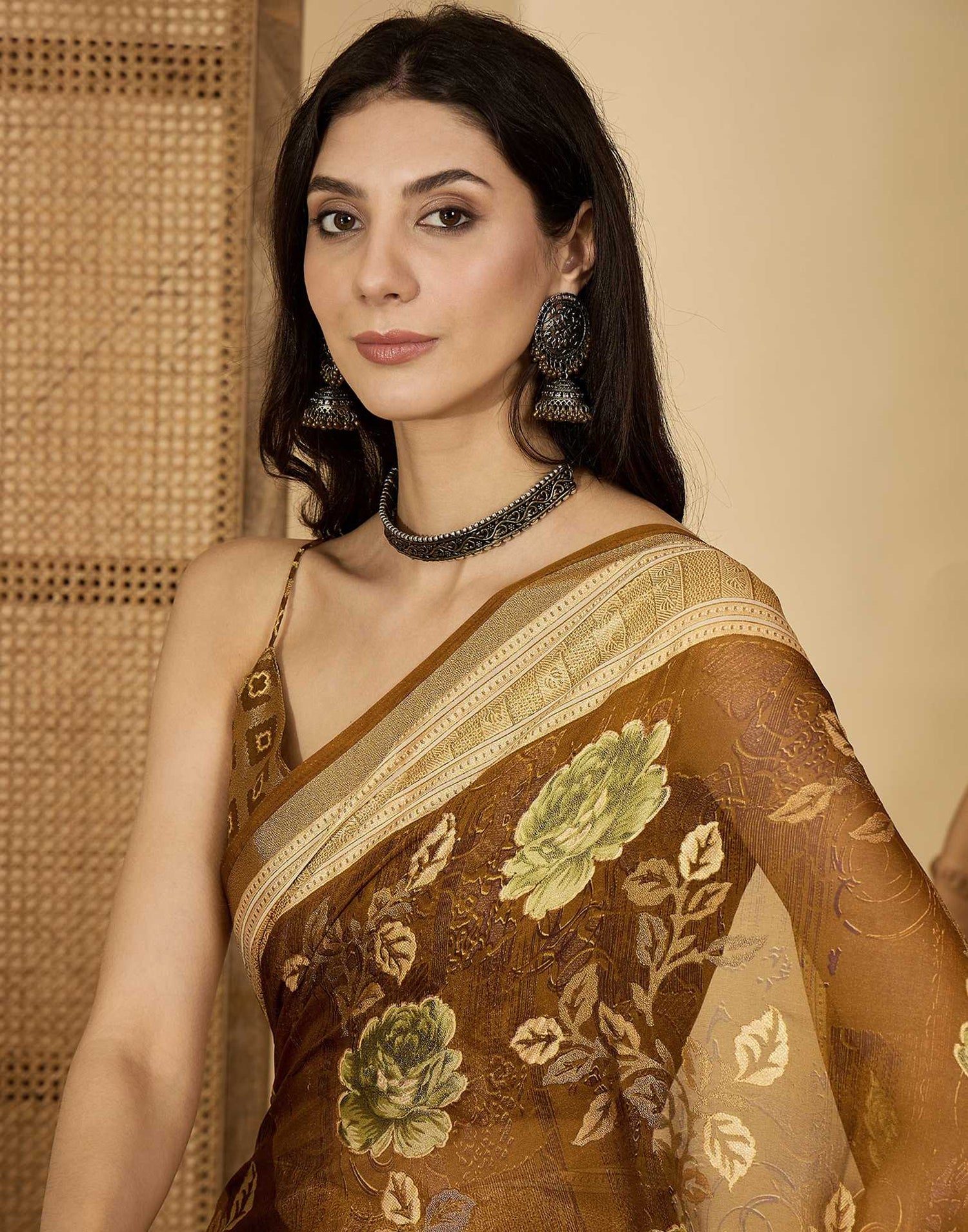 Brown Georgette Floral Printed Saree