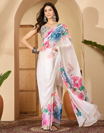 Off White Georgette Floral Printed Saree