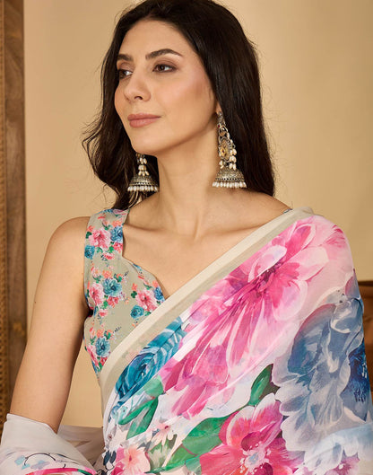 Off White Georgette Floral Printed Saree