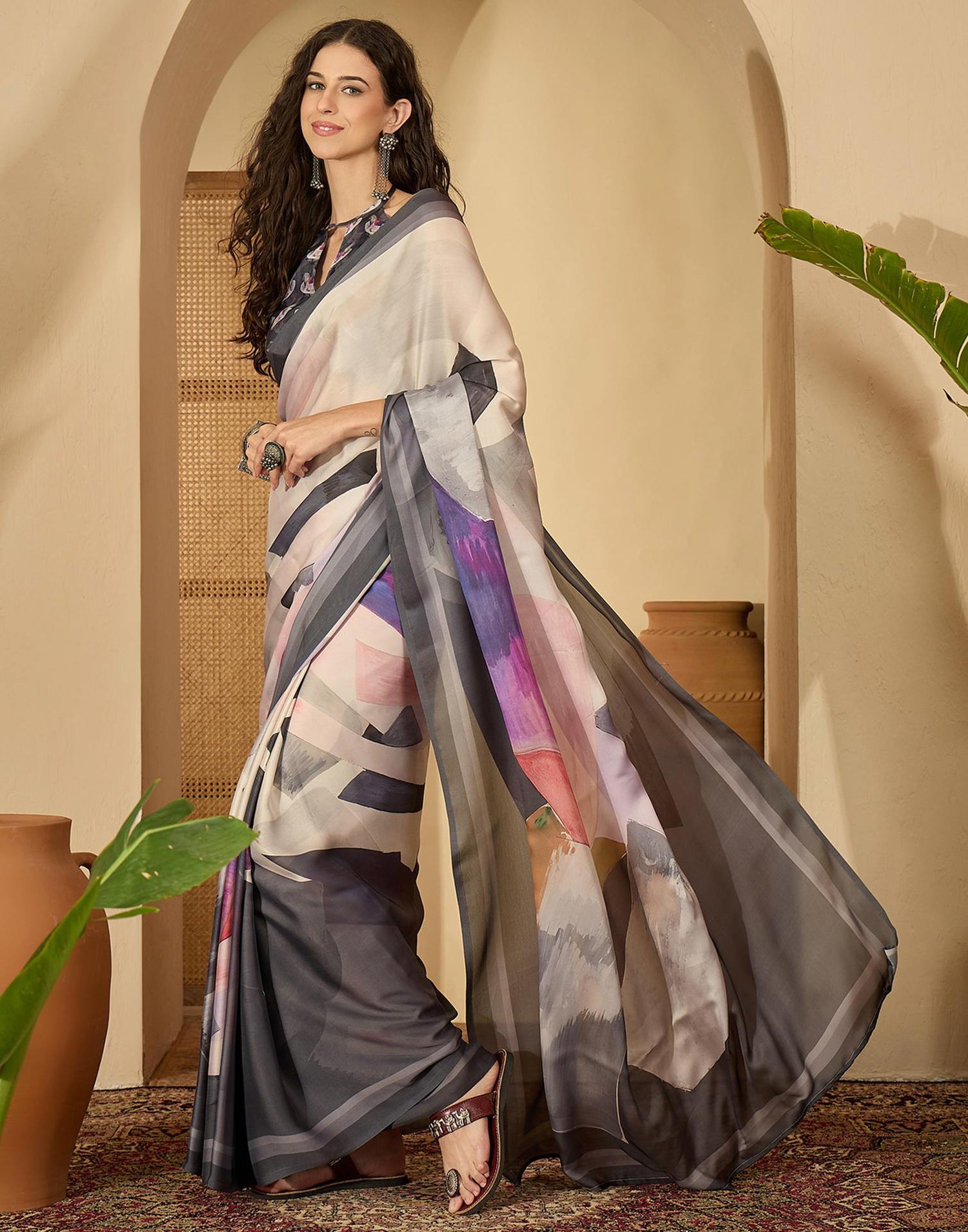 Off White Satin Printed Saree