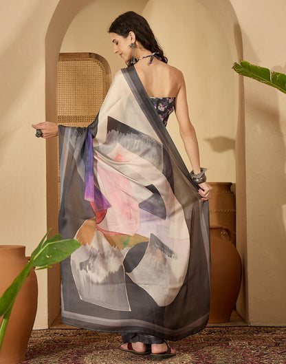 Off White Satin Printed Saree
