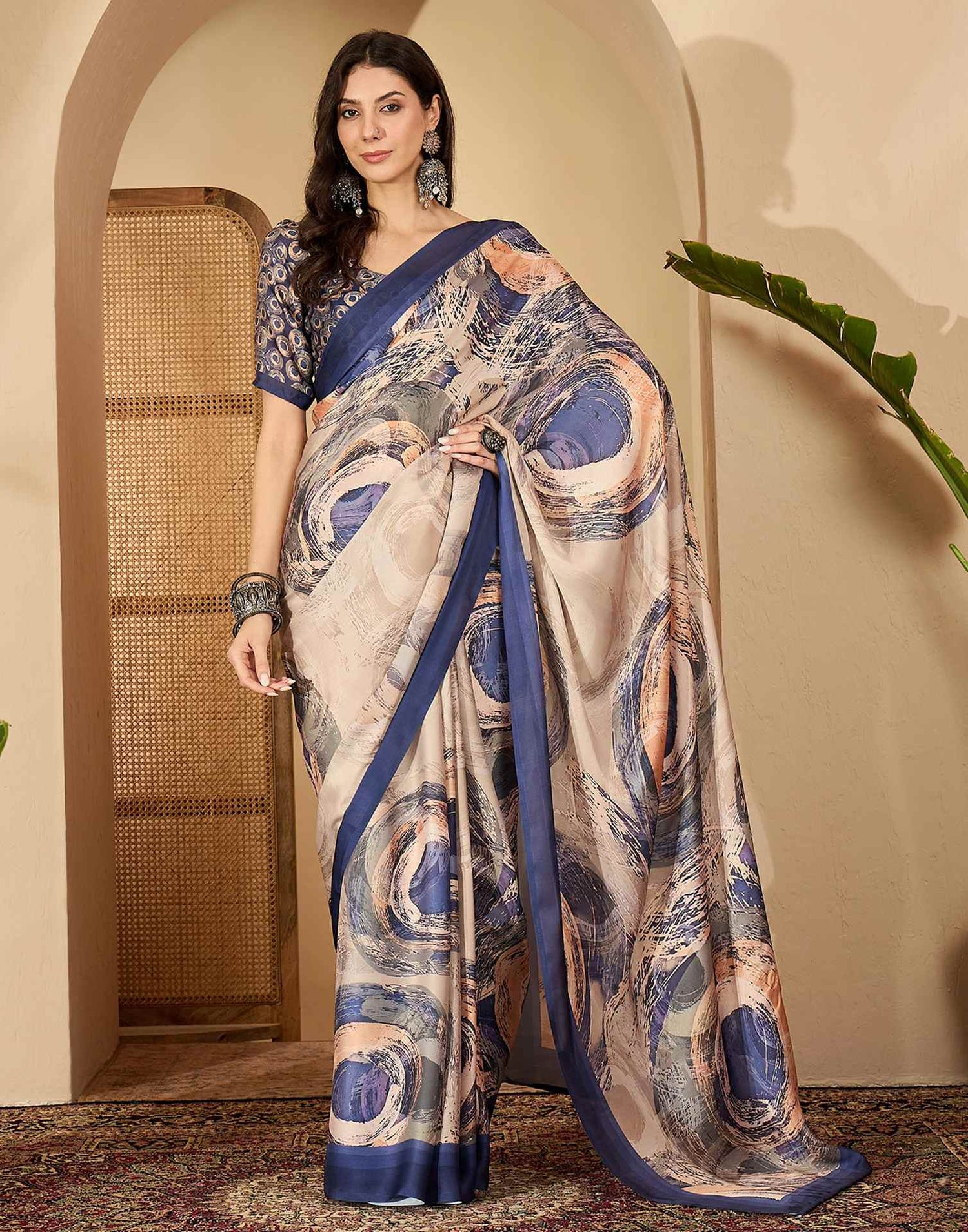 Peach Satin Printed Saree