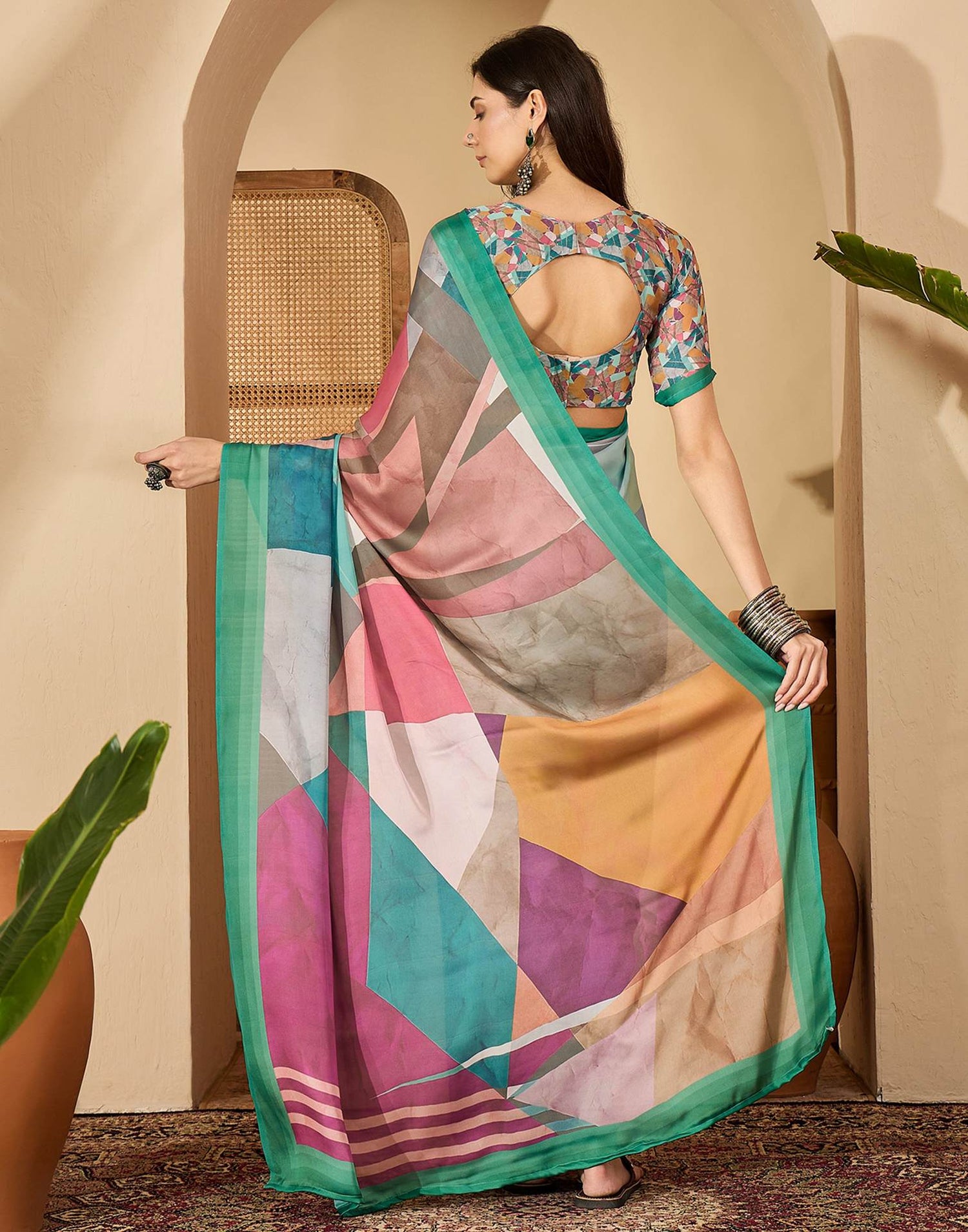 Light Turquoise Satin Printed Saree