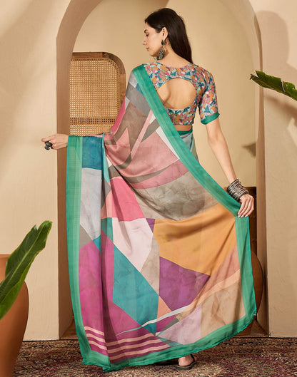 Light Turquoise Satin Printed Saree