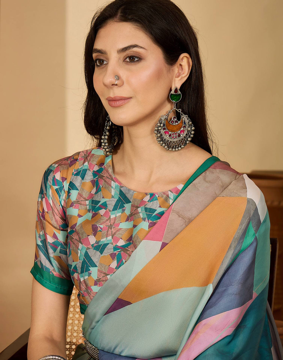 Light Turquoise Satin Printed Saree