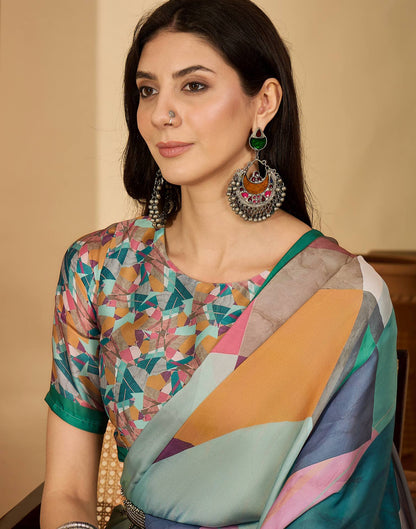 Light Turquoise Satin Printed Saree