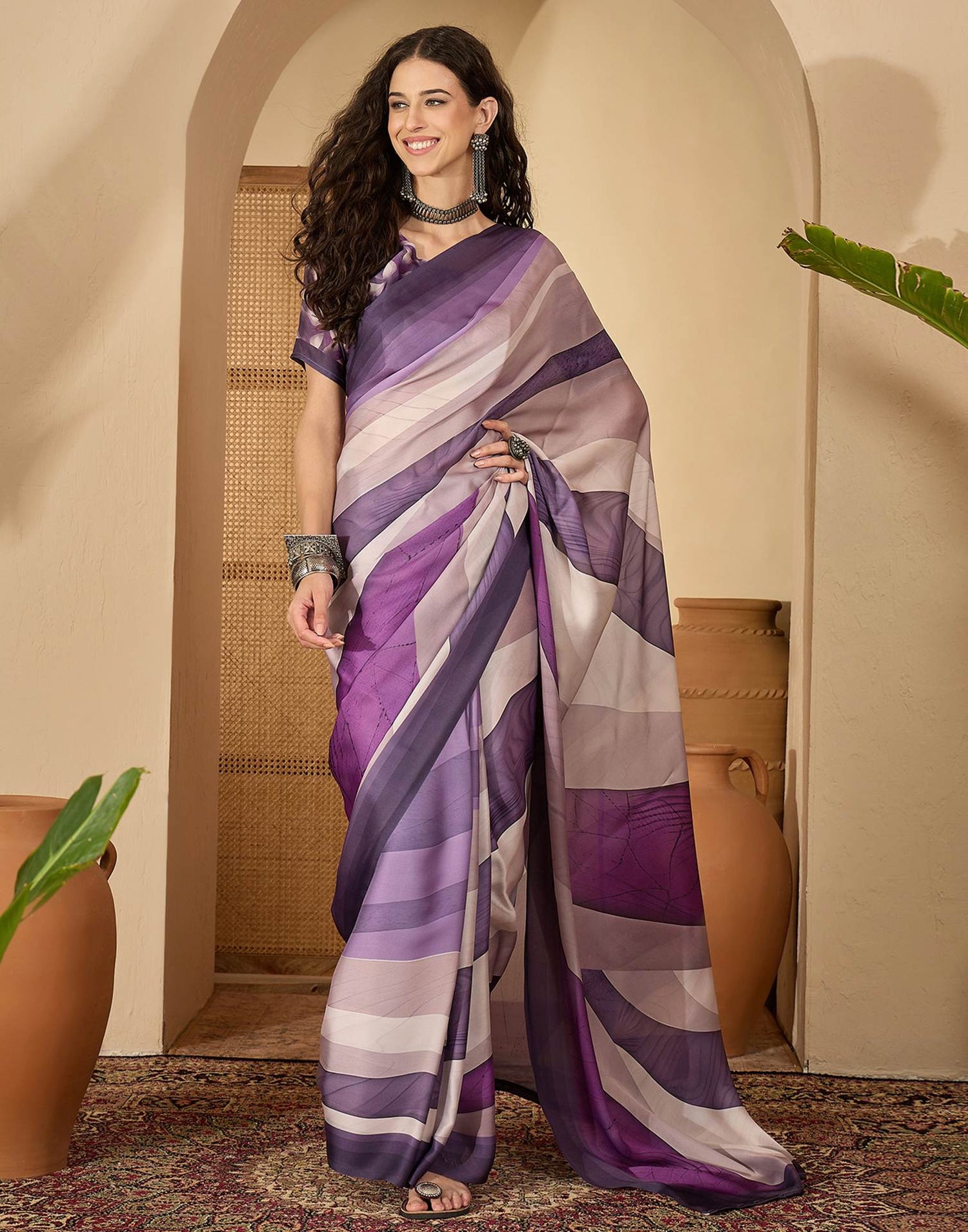 Lavender Satin Printed Saree