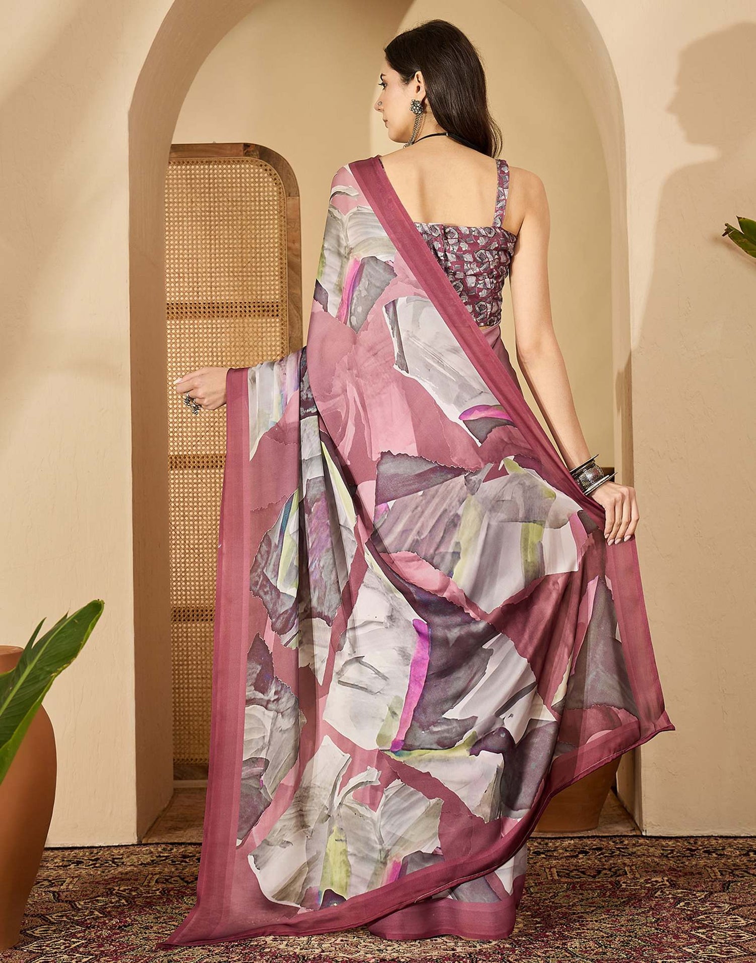 Mauve Satin Printed Saree