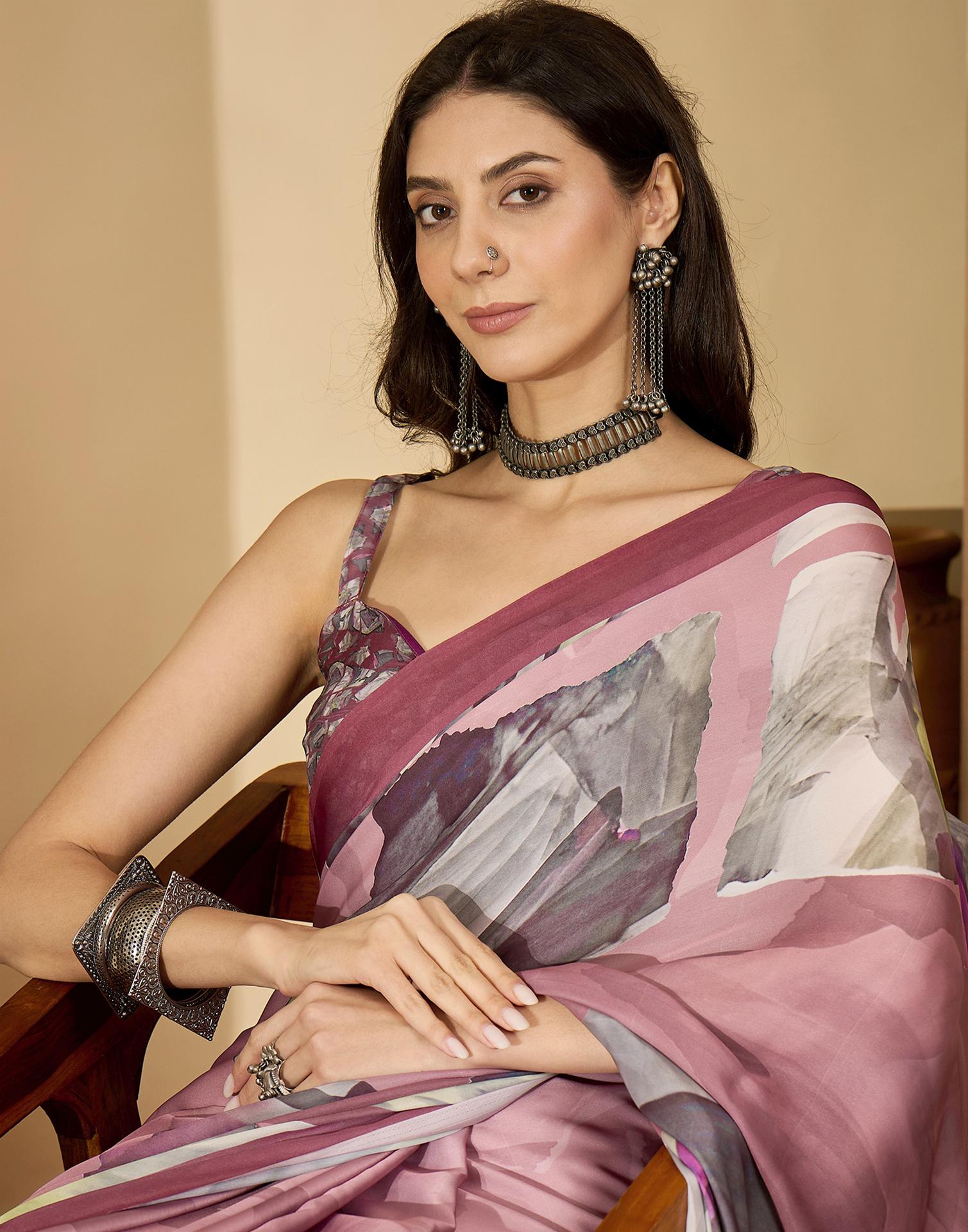 Mauve Satin Printed Saree