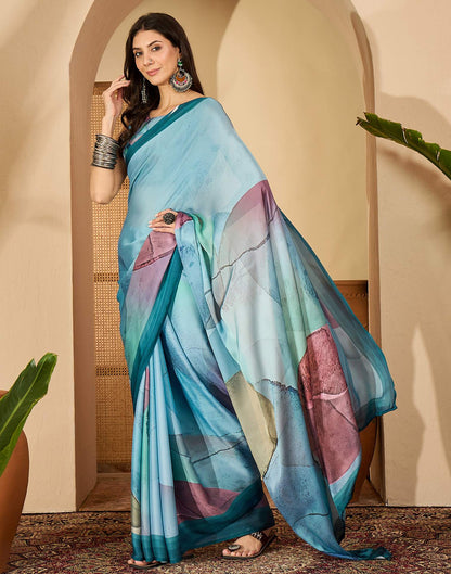Light Blue Satin Printed Saree