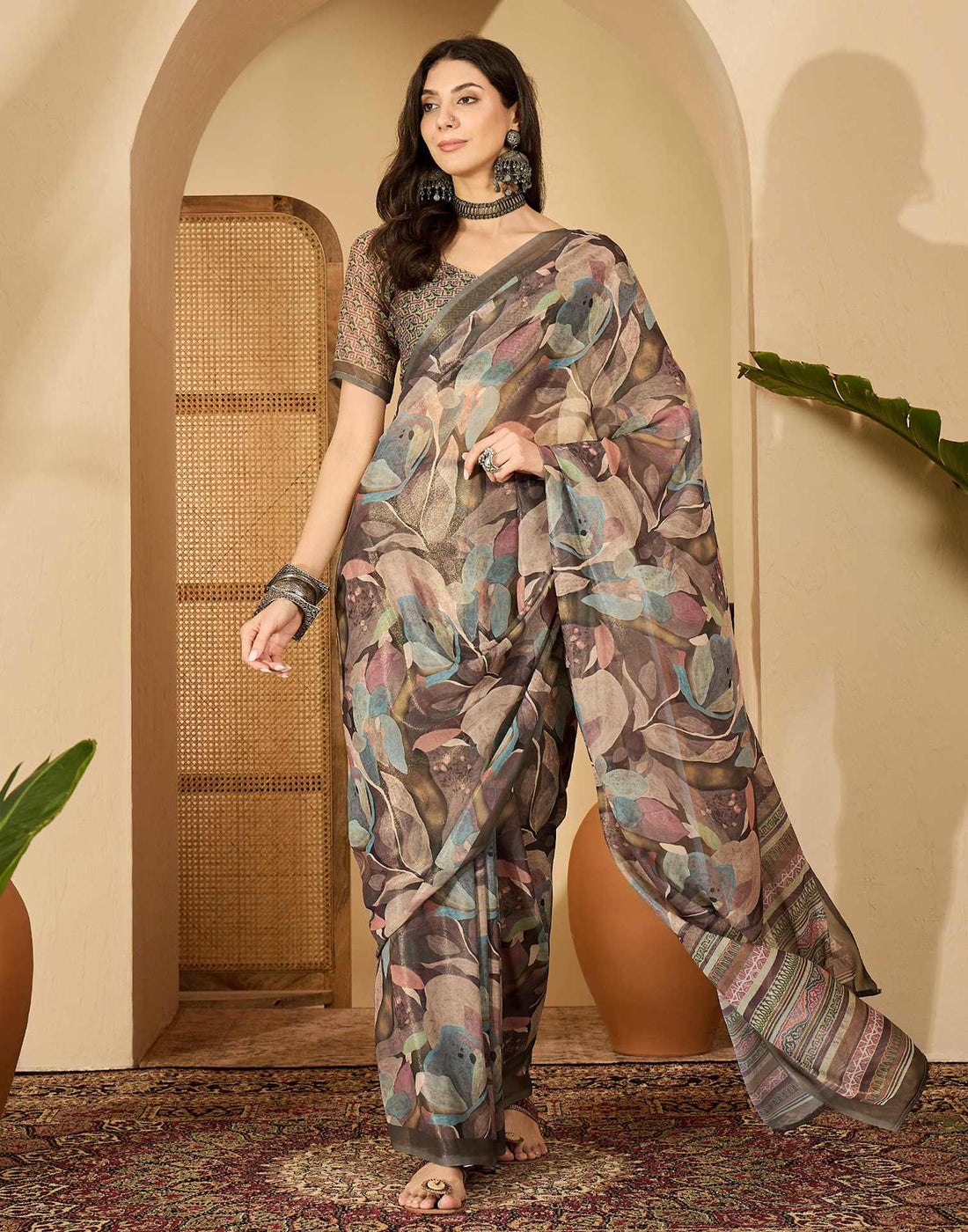 Olive Green Georgette Printed Saree