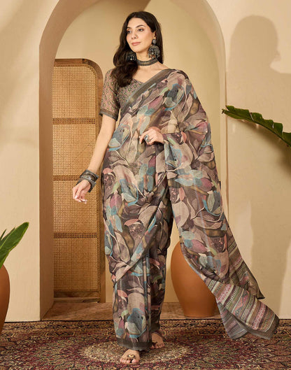 Olive Green Georgette Printed Saree