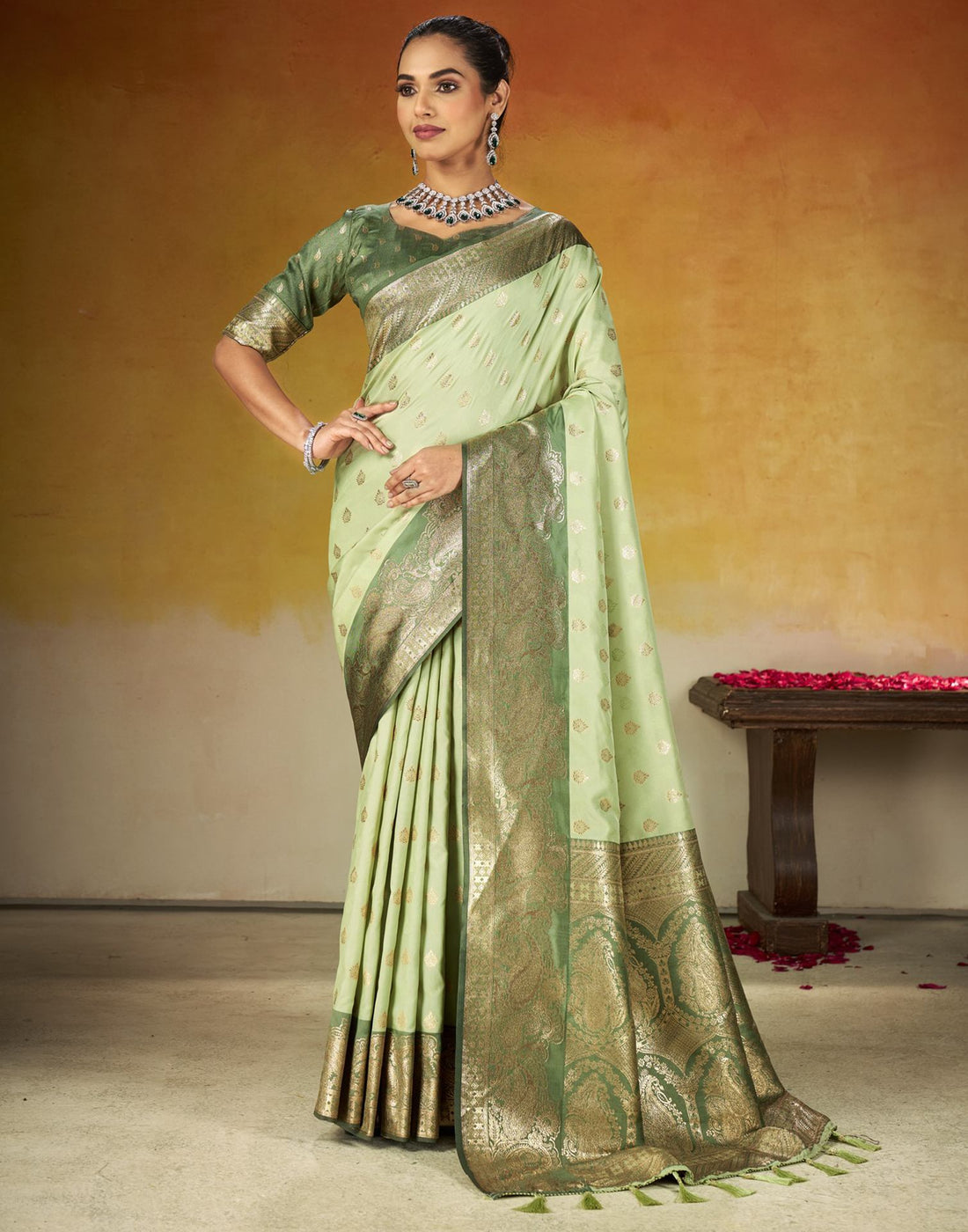 Pista Green Silk Woven Banarasi Saree