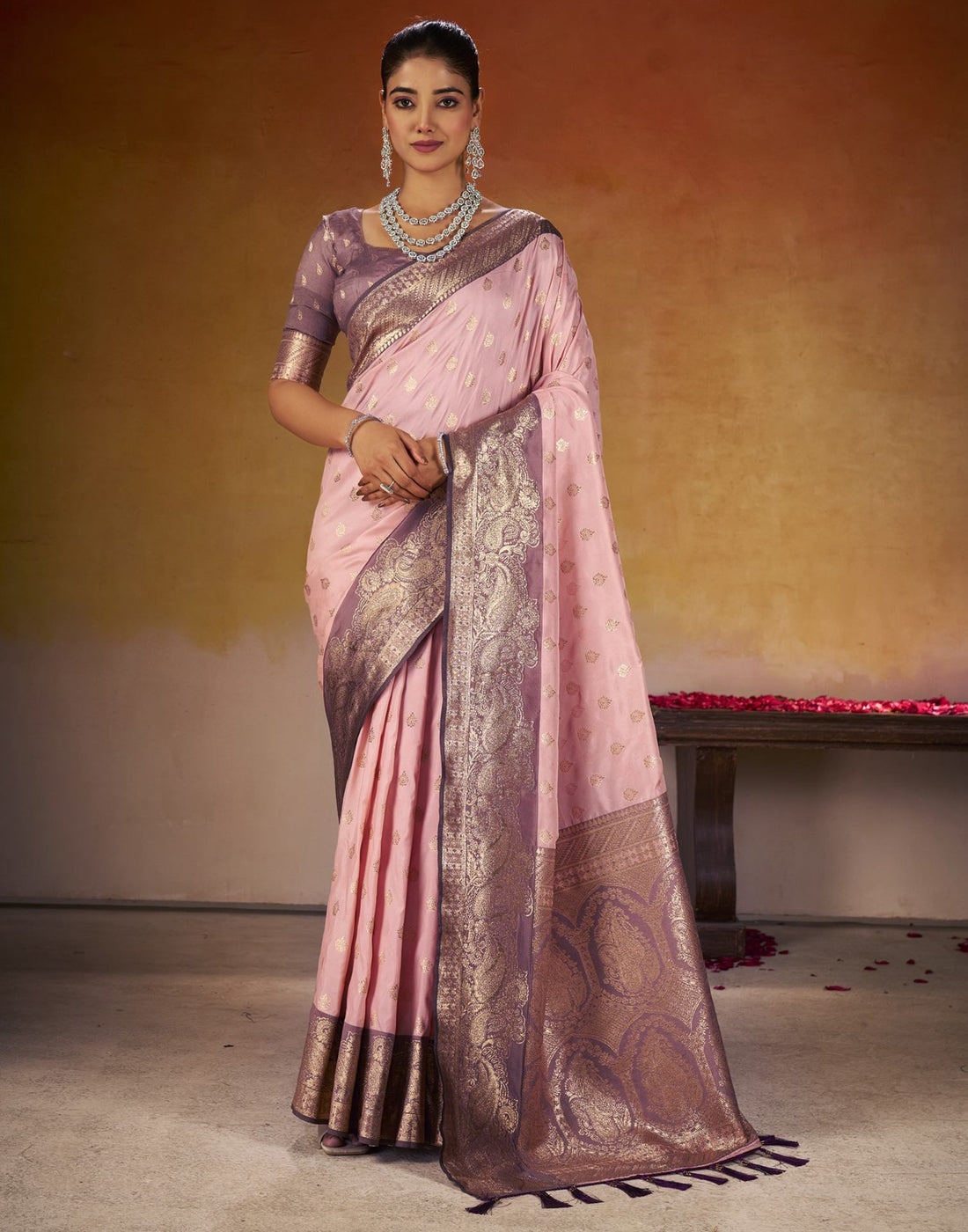 Rose Pink Silk Woven Banarasi Saree