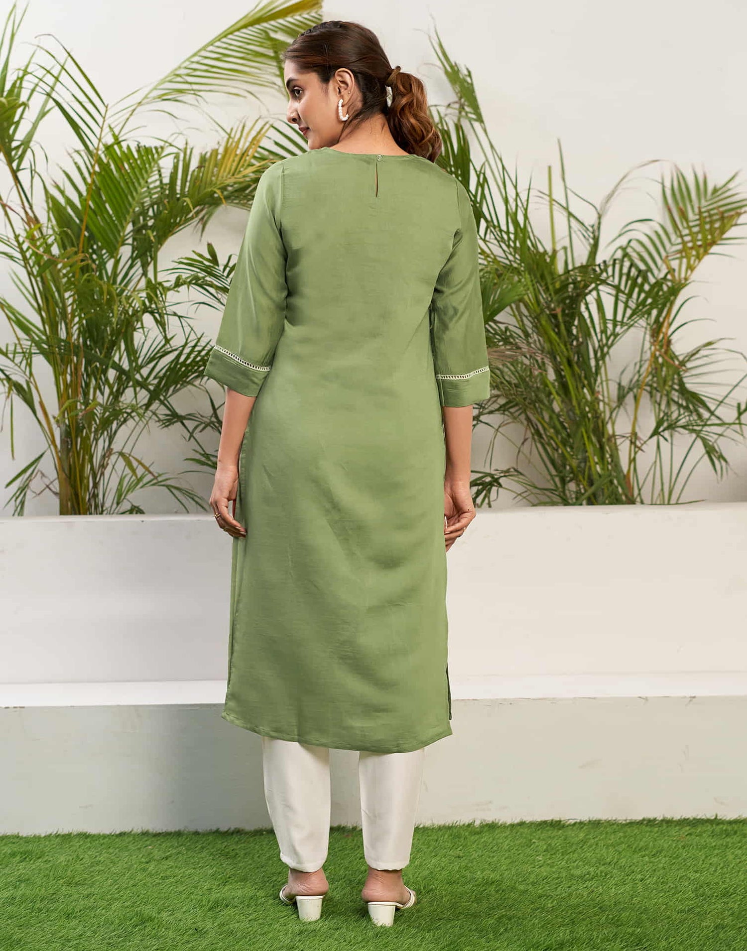 Pista Green Chikankari Embroidery Silk Straight Kurta