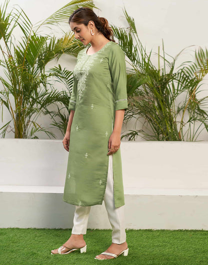 Pista Green Chikankari Embroidery Silk Straight Kurta