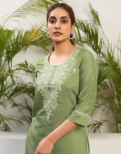 Pista Green Chikankari Embroidery Silk Straight Kurta