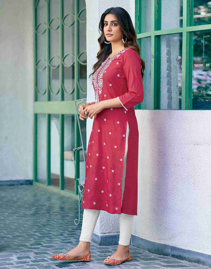 Dark Pink Embroidery Cotton Straight Kurta