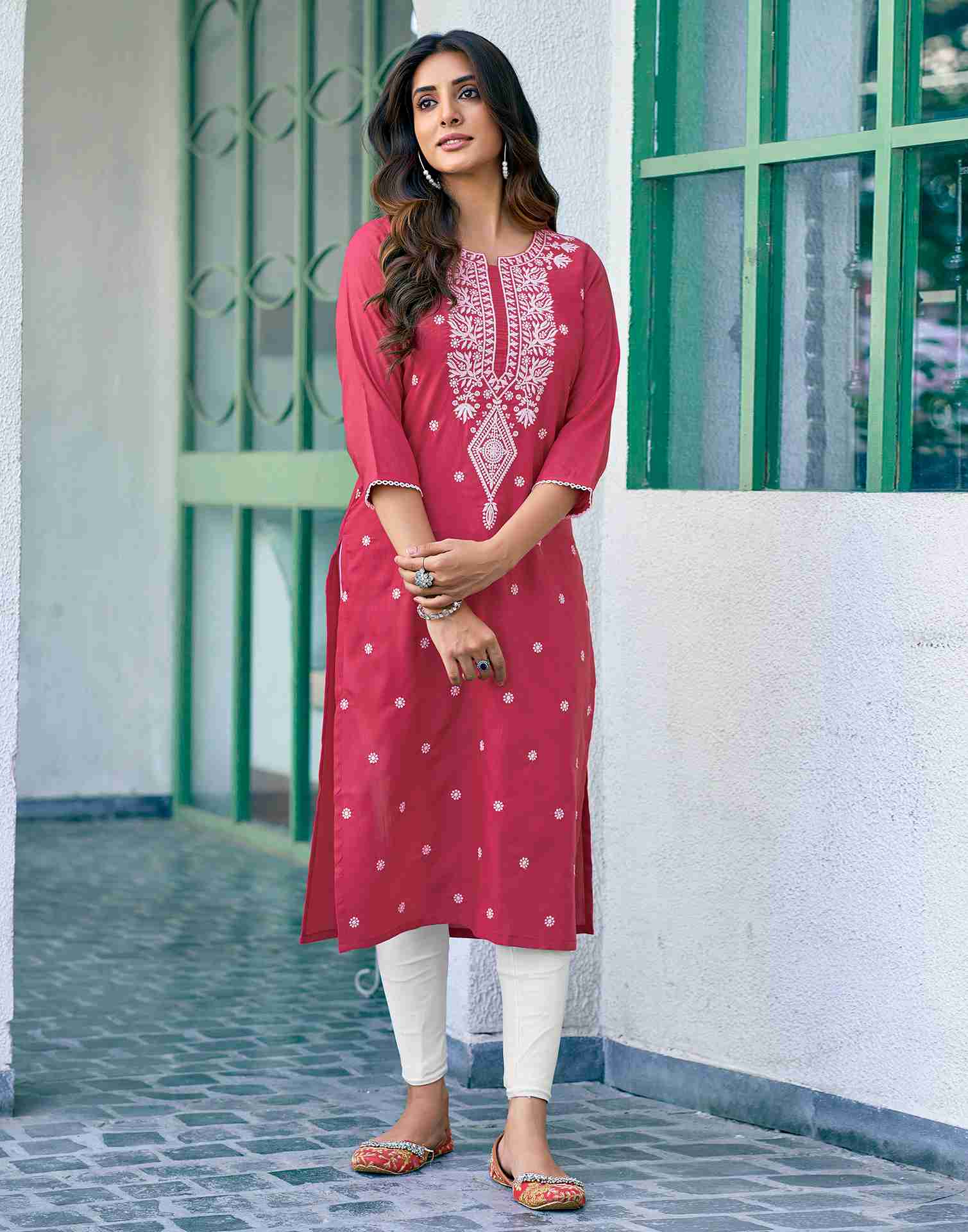 Dark Pink Embroidery Cotton Straight Kurta