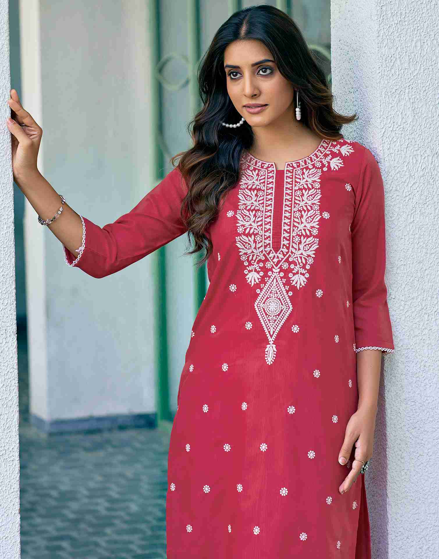 Dark Pink Embroidery Cotton Straight Kurta