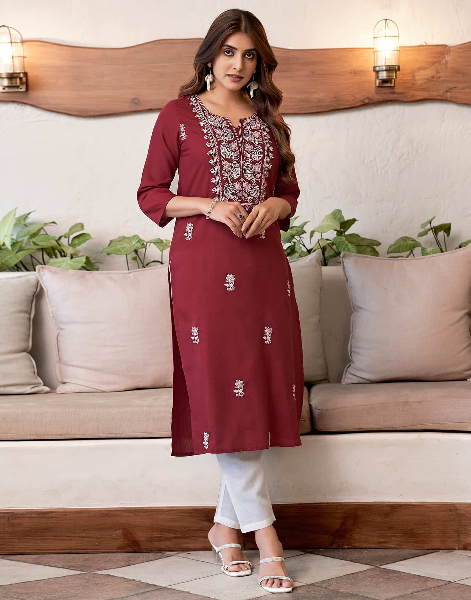 Maroon Chikankari Embroidery Cotton Straight Kurta