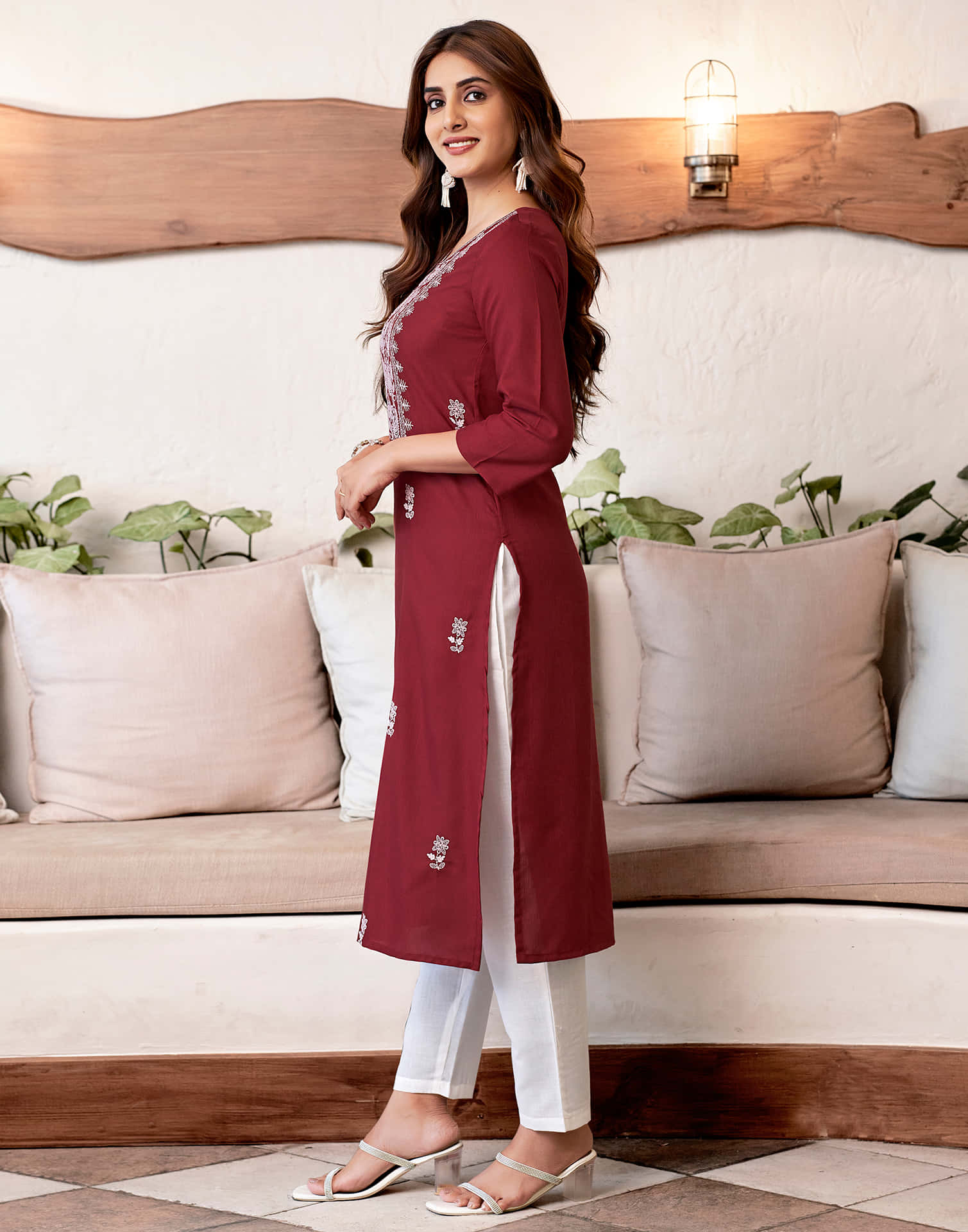 Maroon Chikankari Embroidery Cotton Straight Kurta