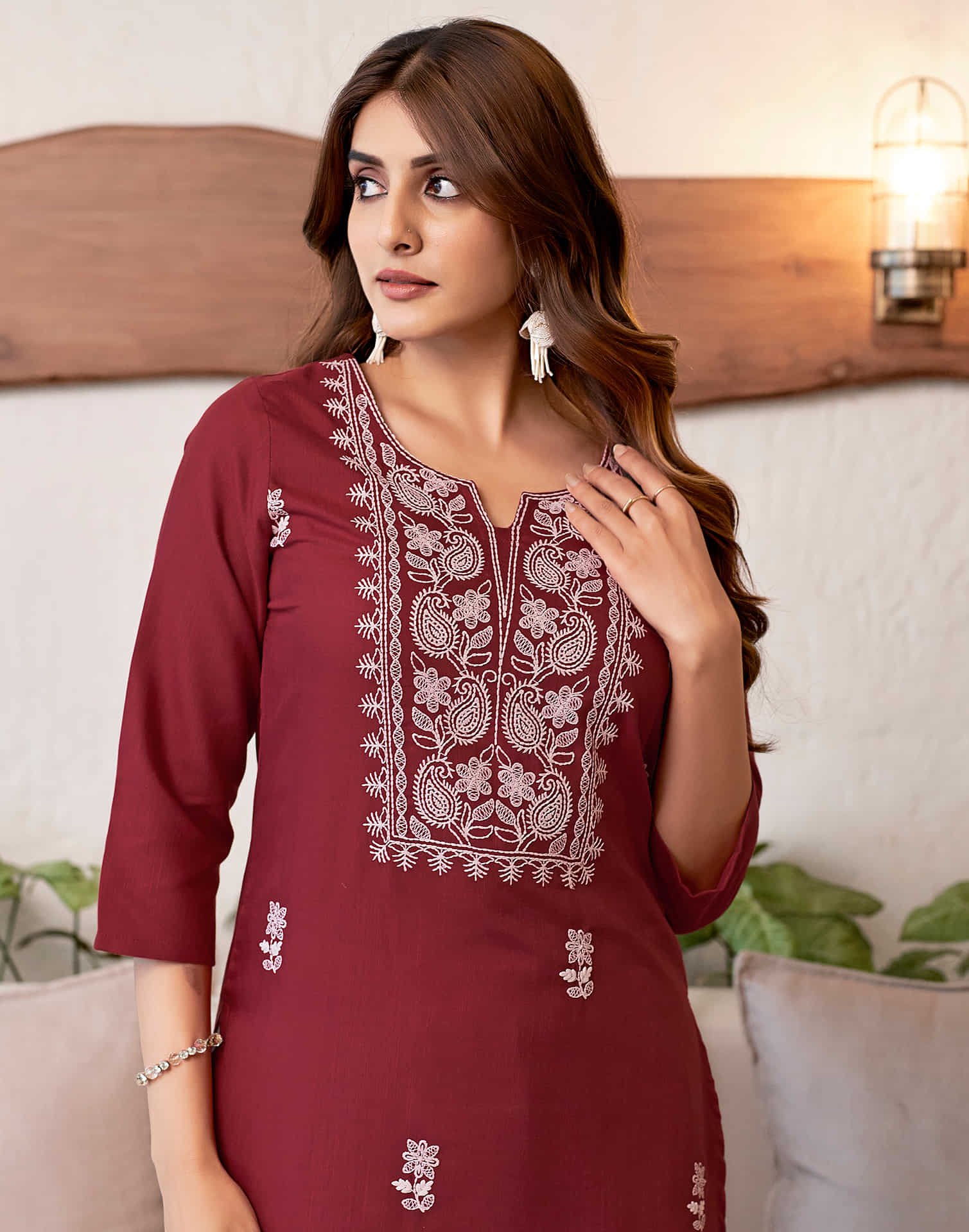 Maroon Chikankari Embroidery Cotton Straight Kurta