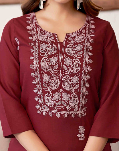 Maroon Chikankari Embroidery Cotton Straight Kurta