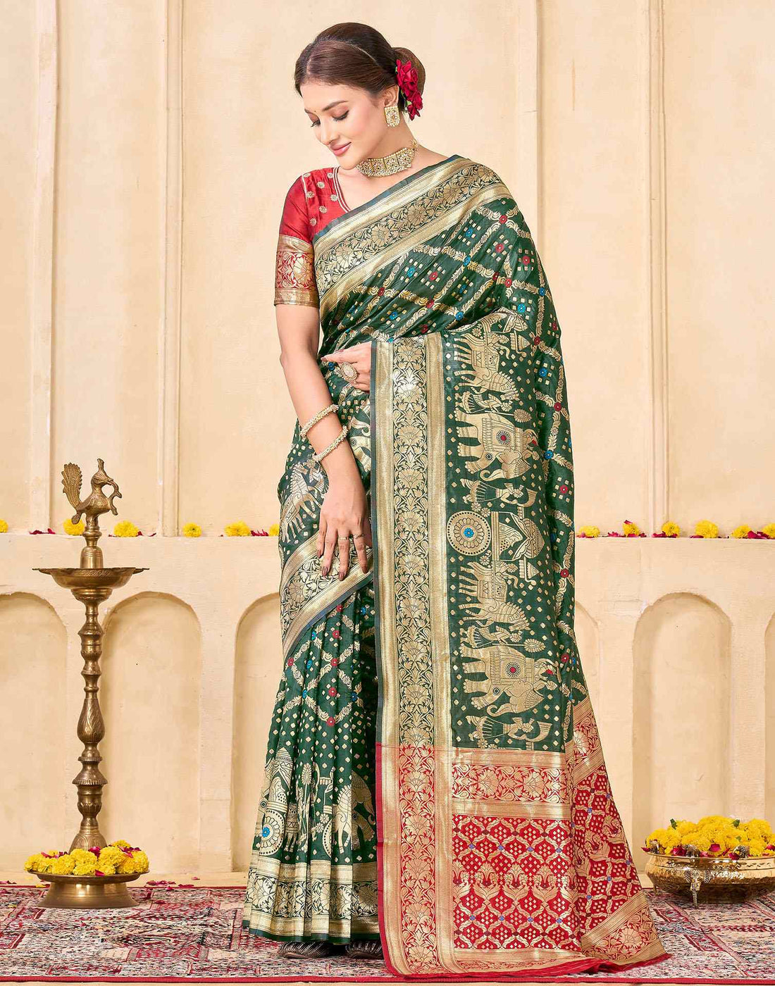 Bottle Green Silk Woven Banarasi Saree