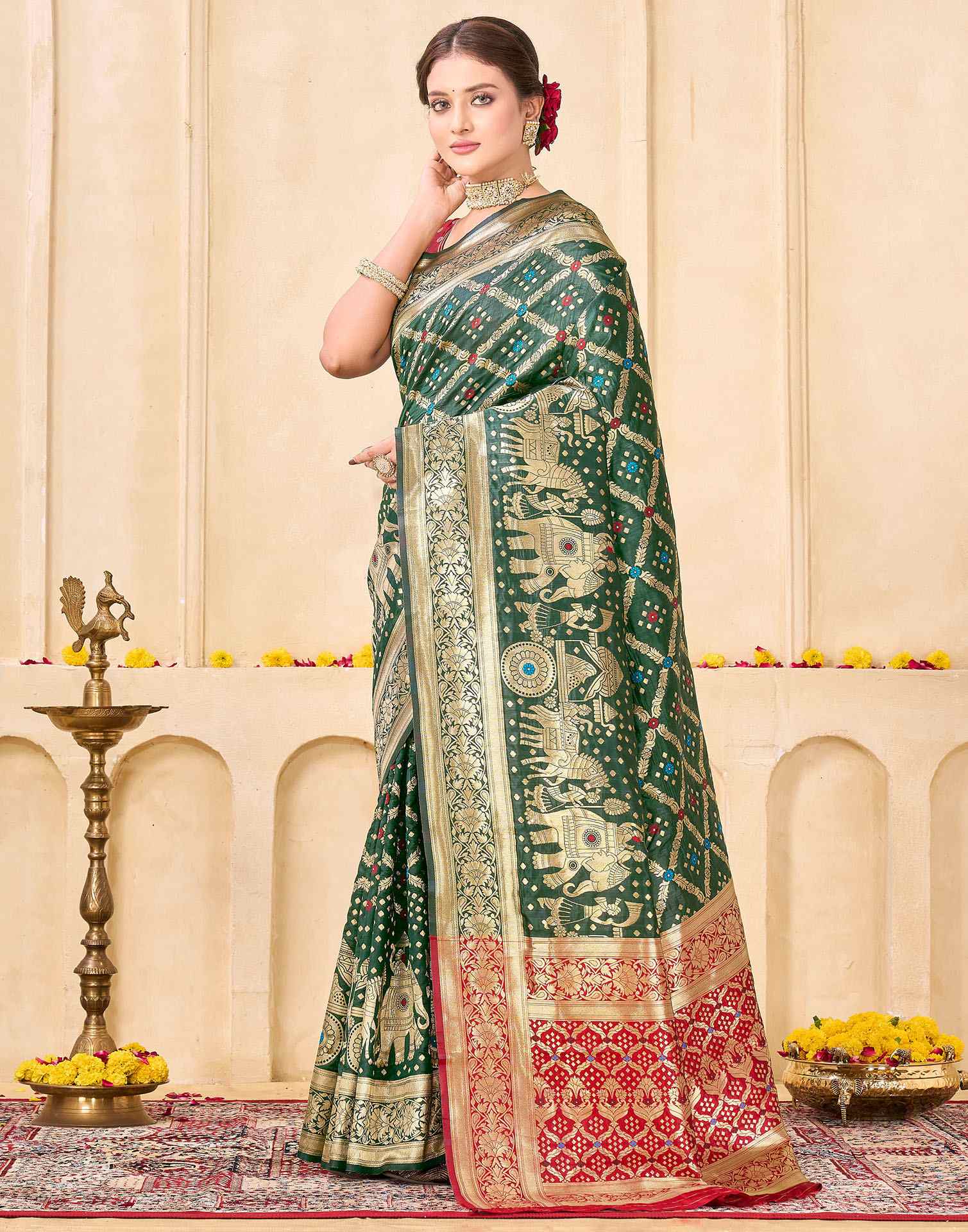 Bottle Green Silk Woven Banarasi Saree