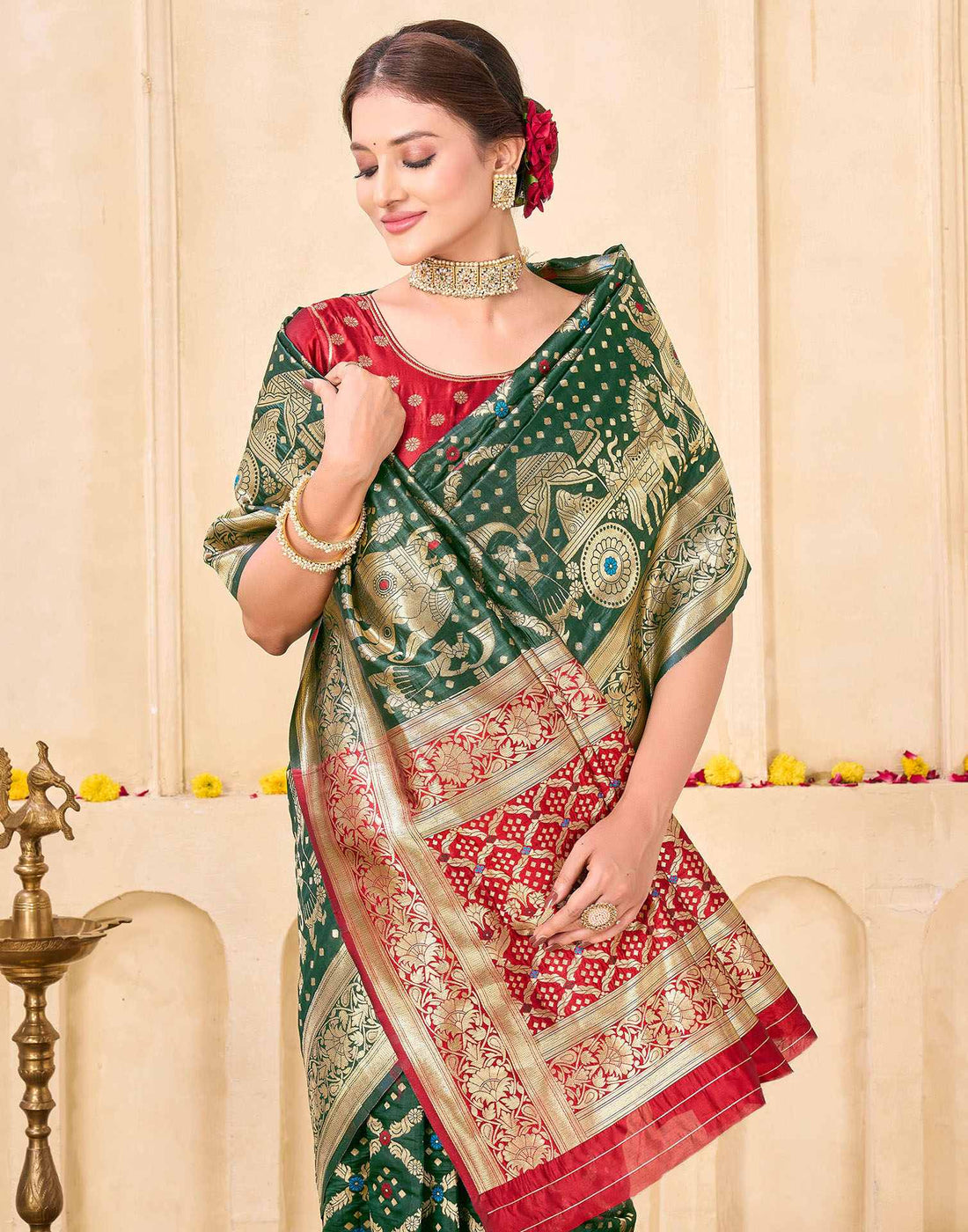 Bottle Green Silk Woven Banarasi Saree