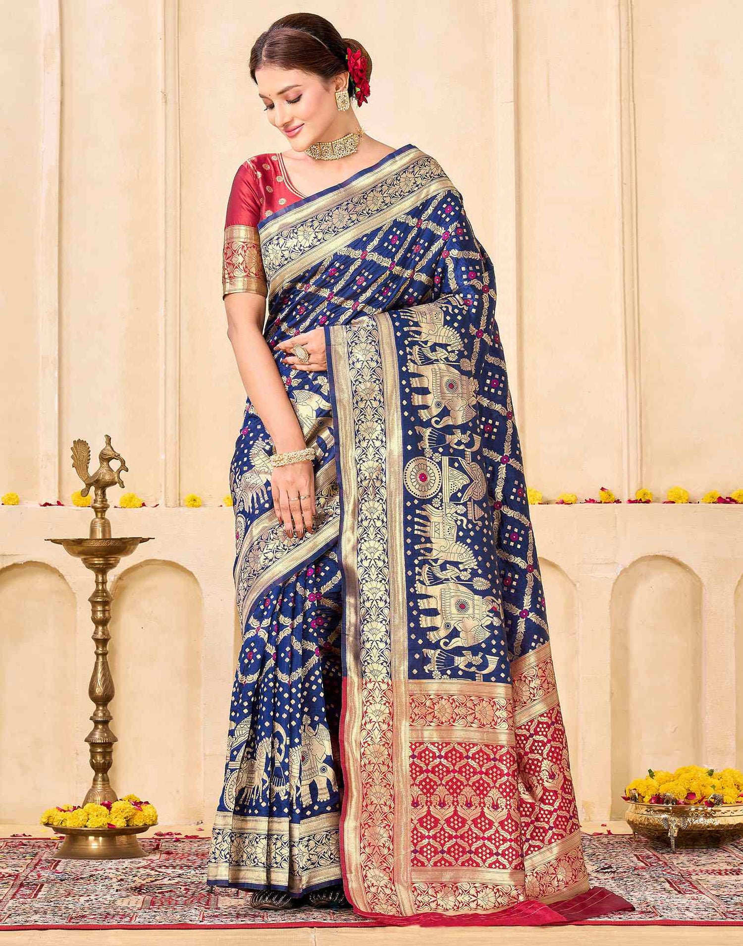 Navy Blue Silk Woven Banarasi Saree