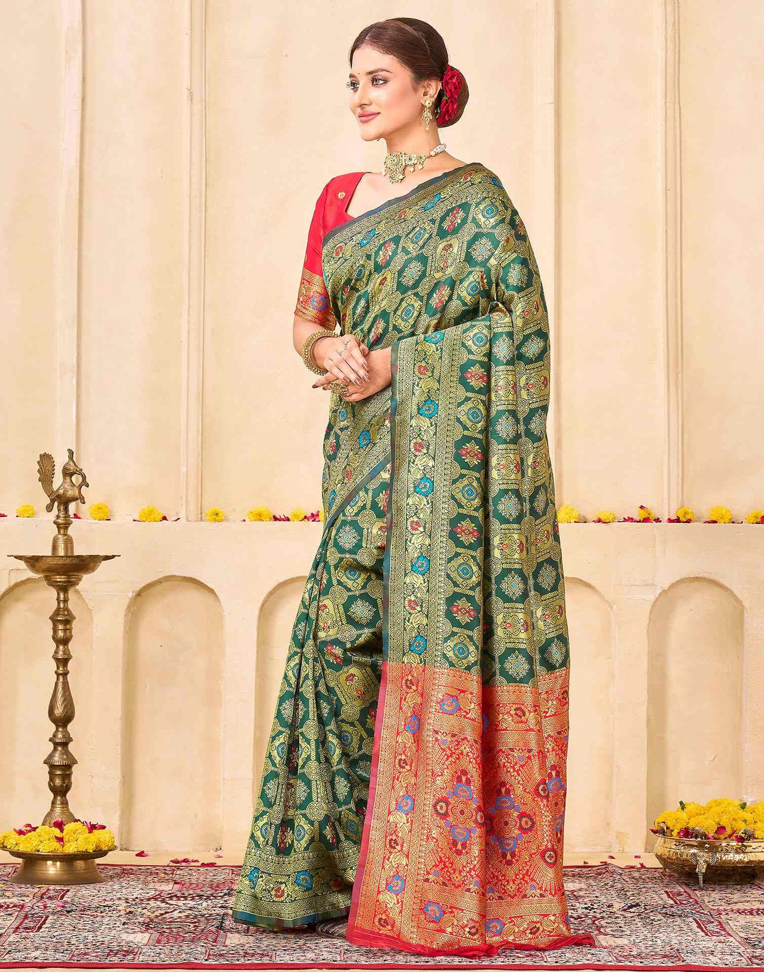 Bottle Green Silk Woven Banarasi Saree