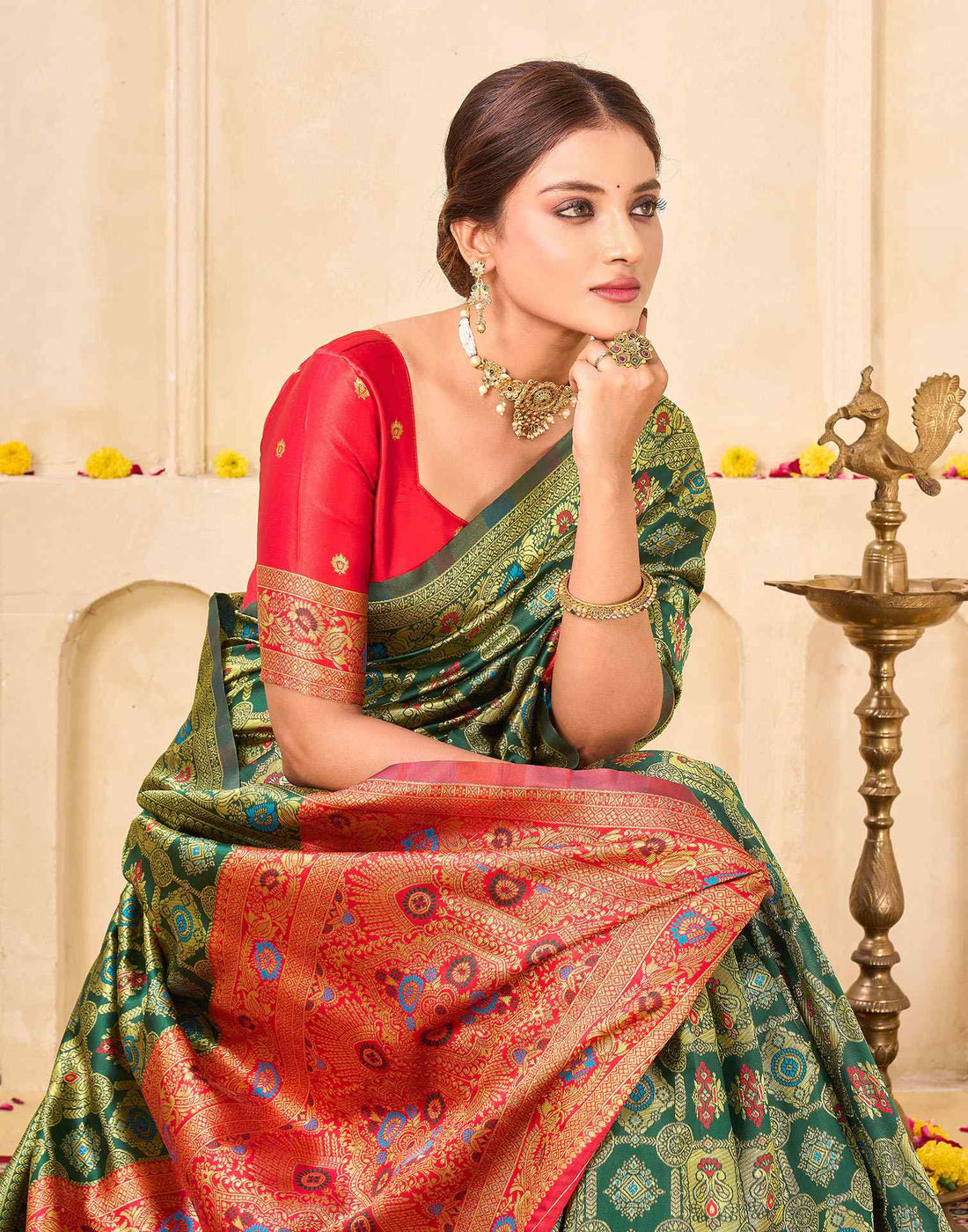 Bottle Green Silk Woven Banarasi Saree