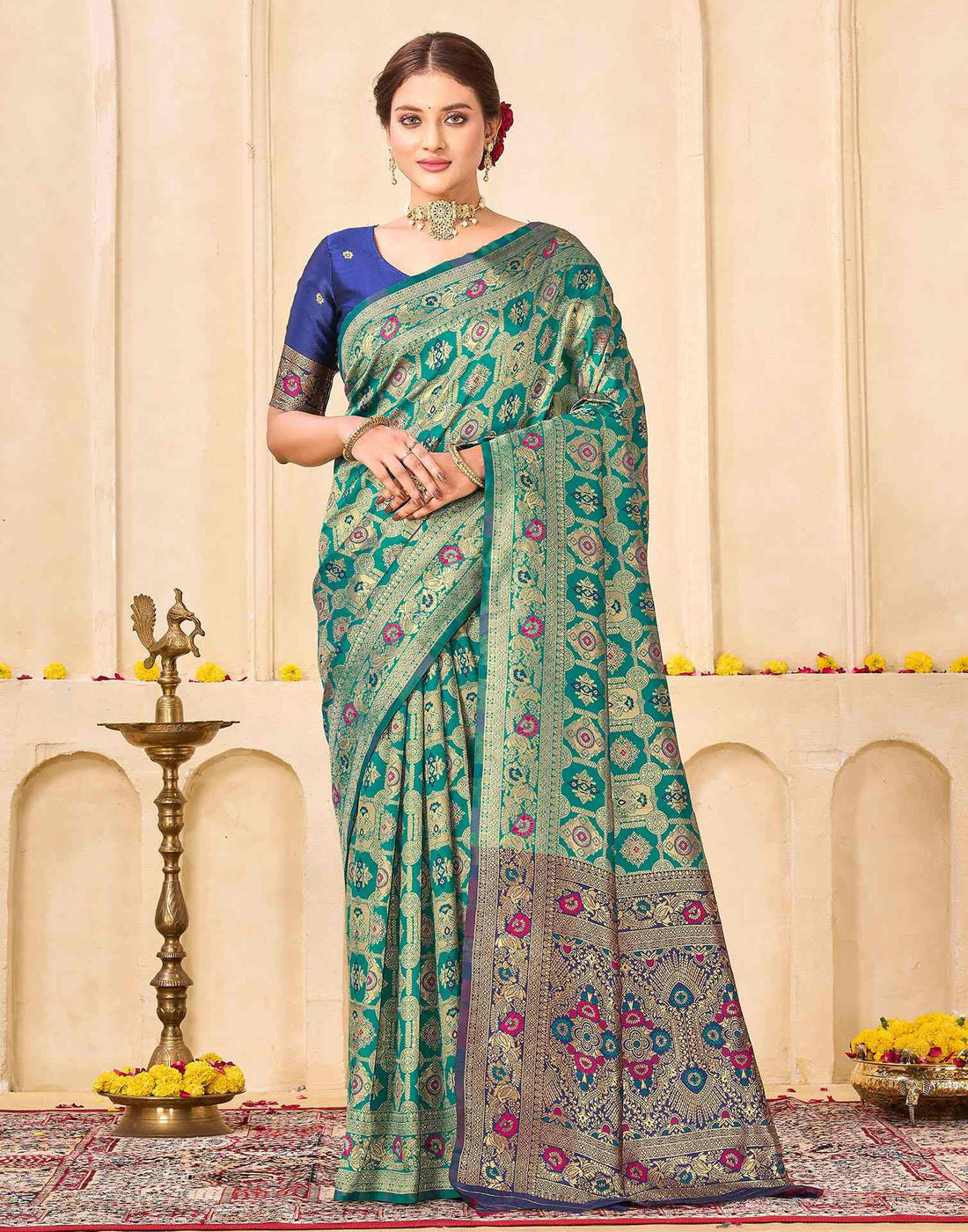 Teal Green Silk Woven Banarasi Saree