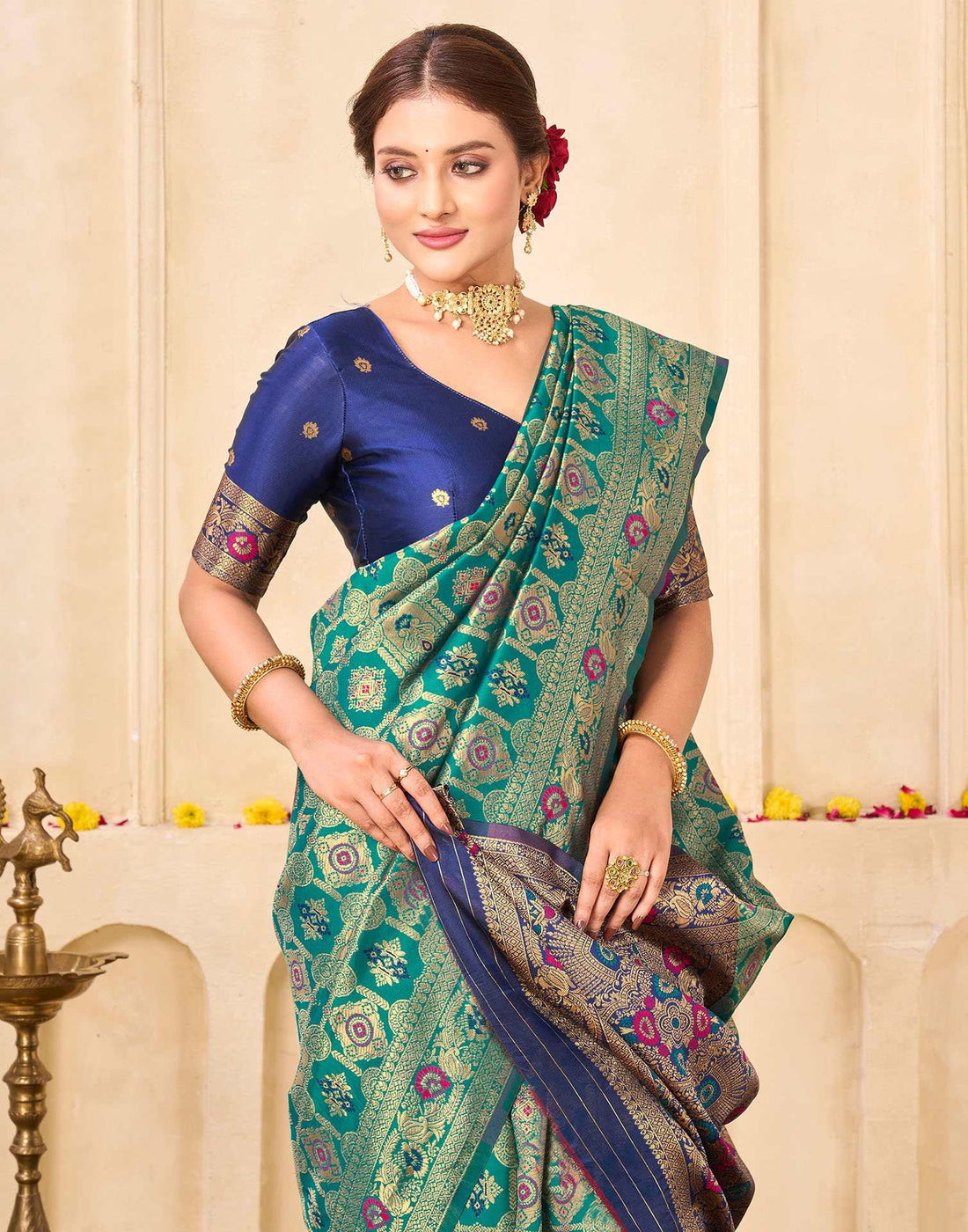 Teal Green Silk Woven Banarasi Saree