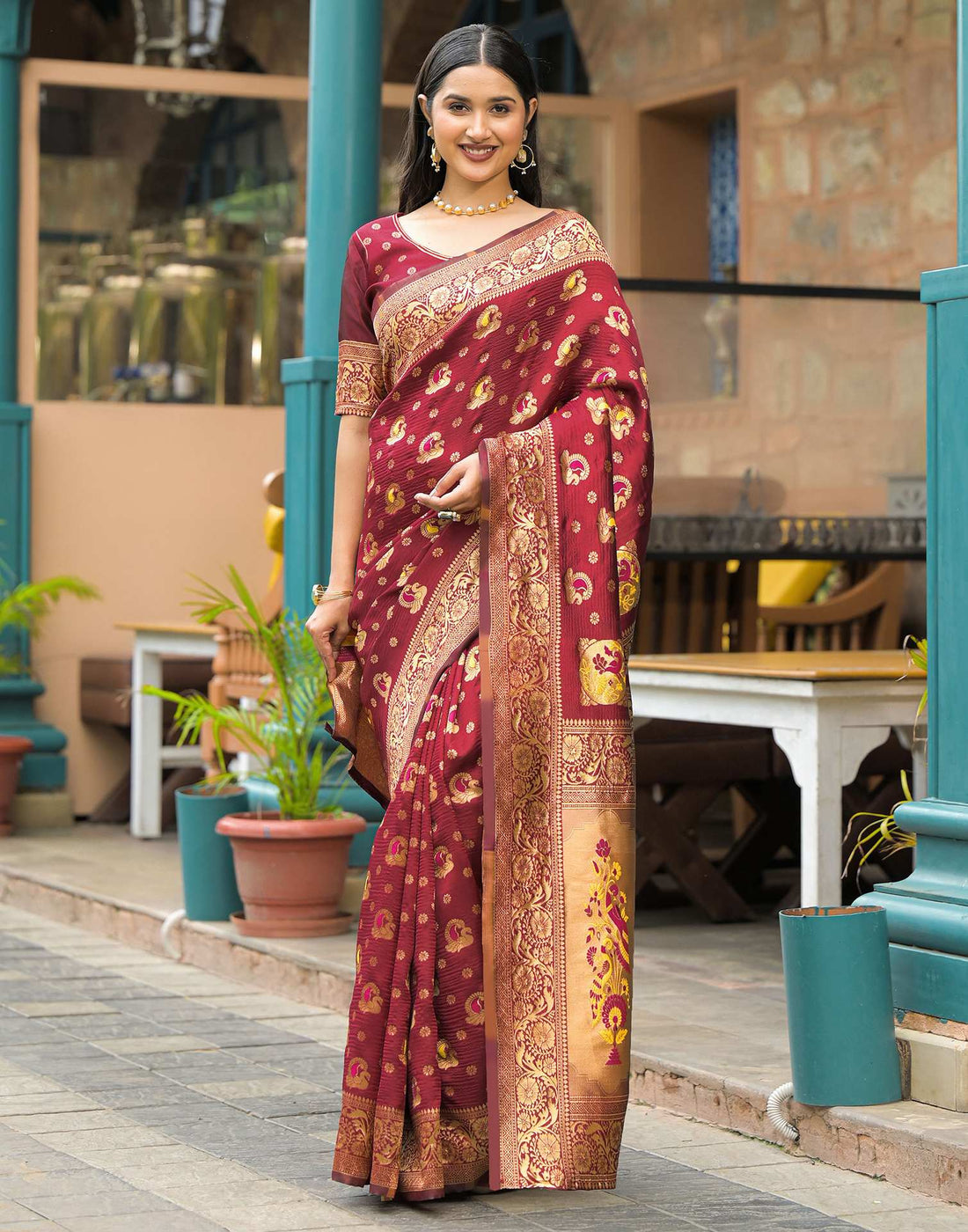 Maroon Silk Woven Banarasi Saree