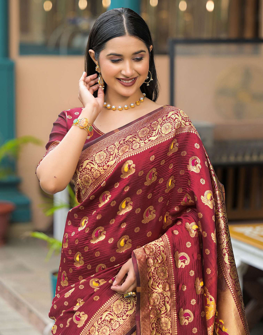 Maroon Silk Woven Banarasi Saree