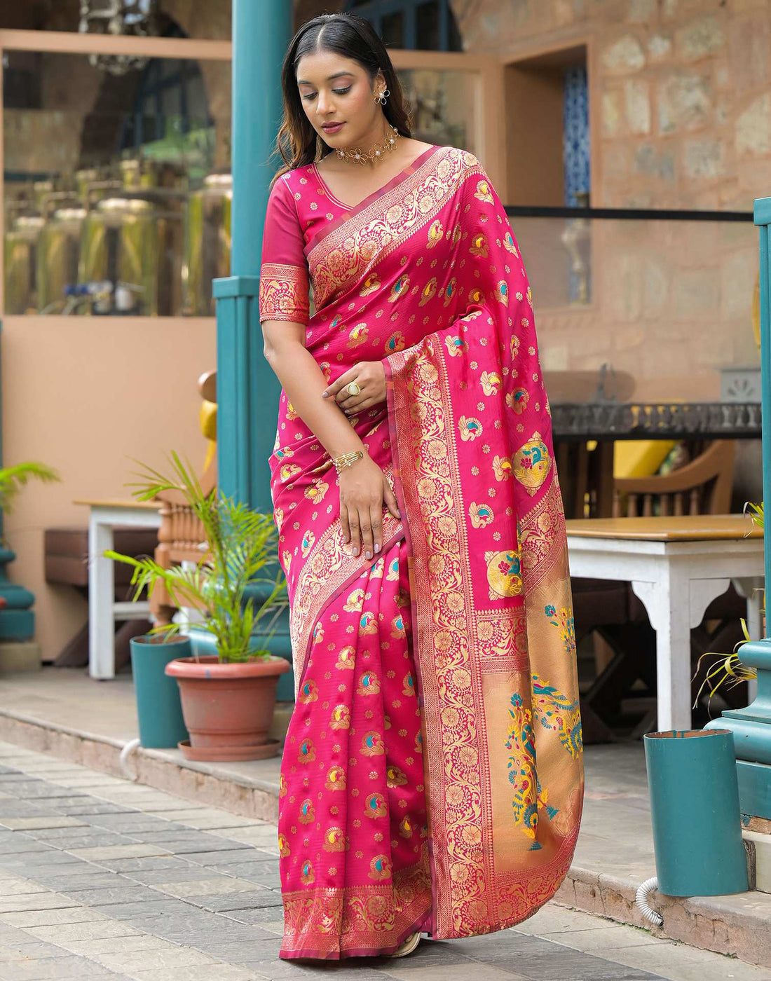 Dark Pink Silk Woven Banarasi Saree