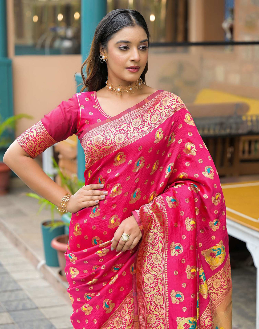 Dark Pink Silk Woven Banarasi Saree