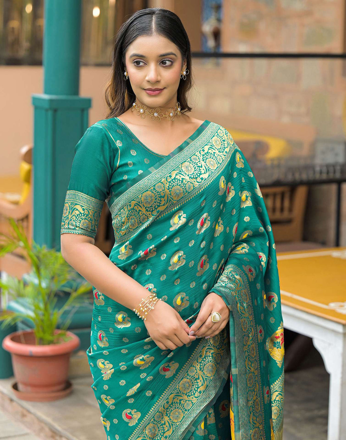 Teal Green Silk Woven Banarasi Saree