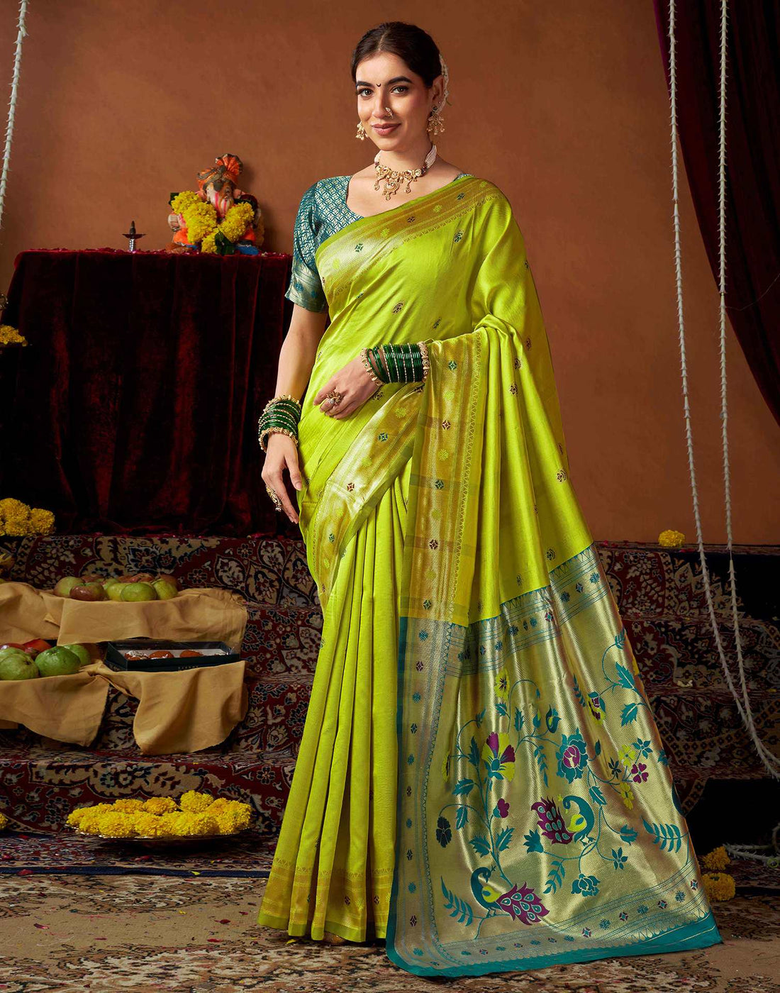 Lime Green Silk Paithani Chaturthi Saree