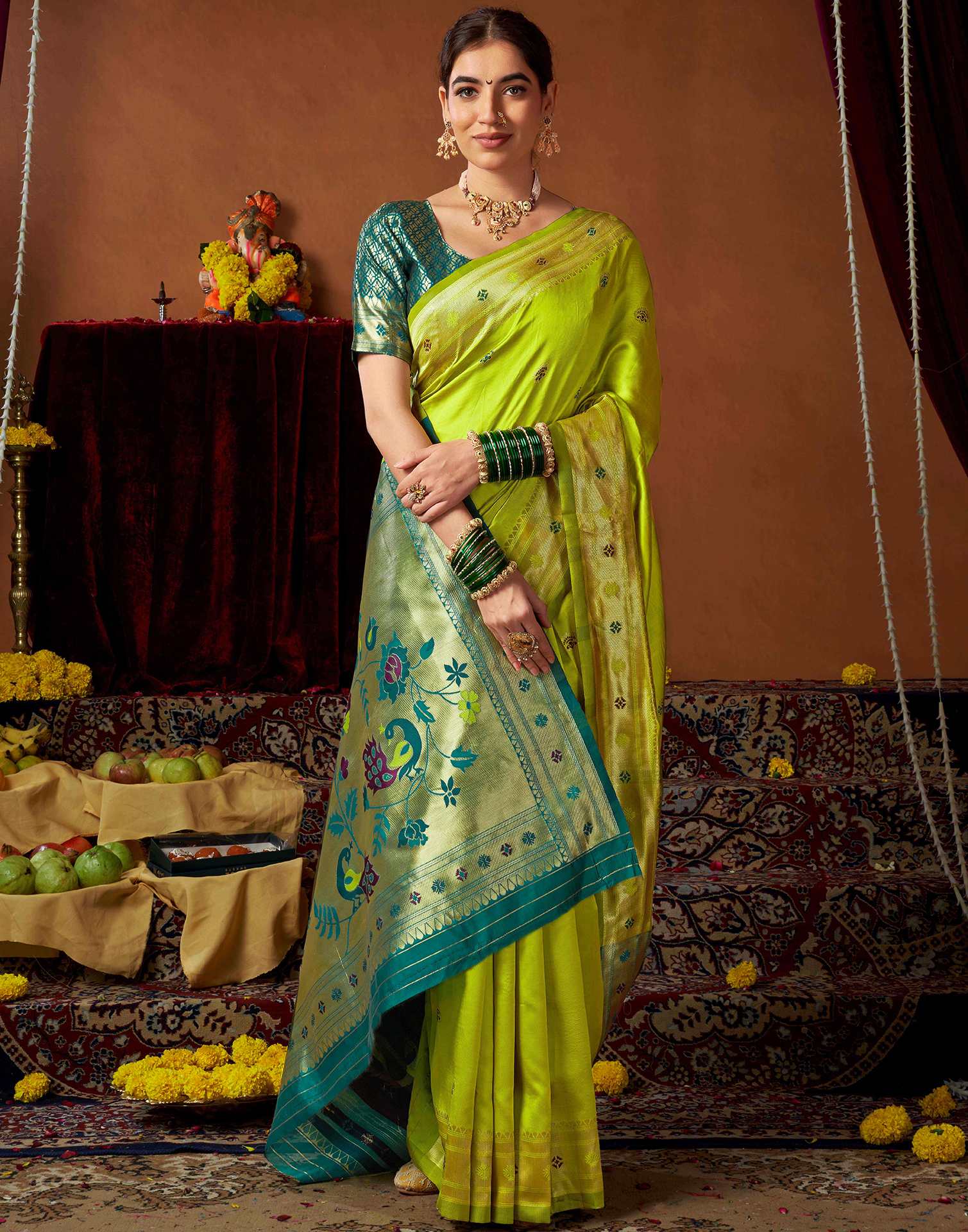 Lime Green Silk Paithani Chaturthi Saree