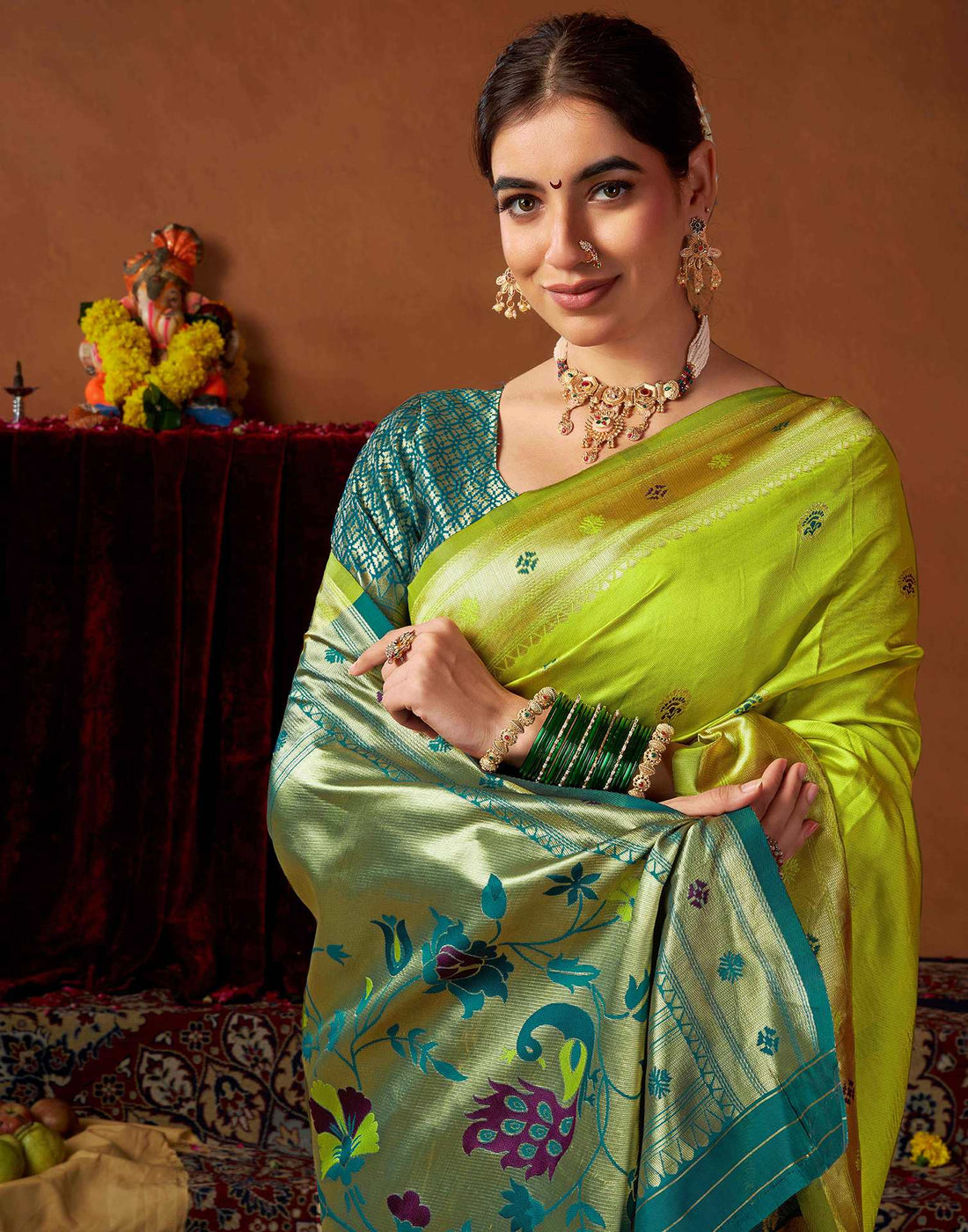 Lime Green Silk Paithani Chaturthi Saree