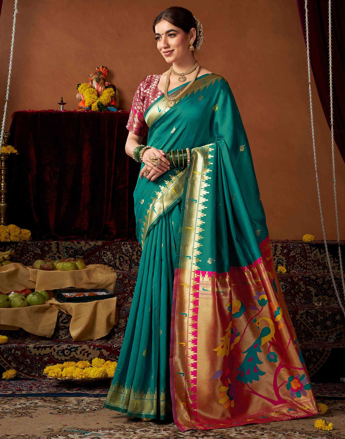 Teal Green Silk Paithani Chaturthi Saree