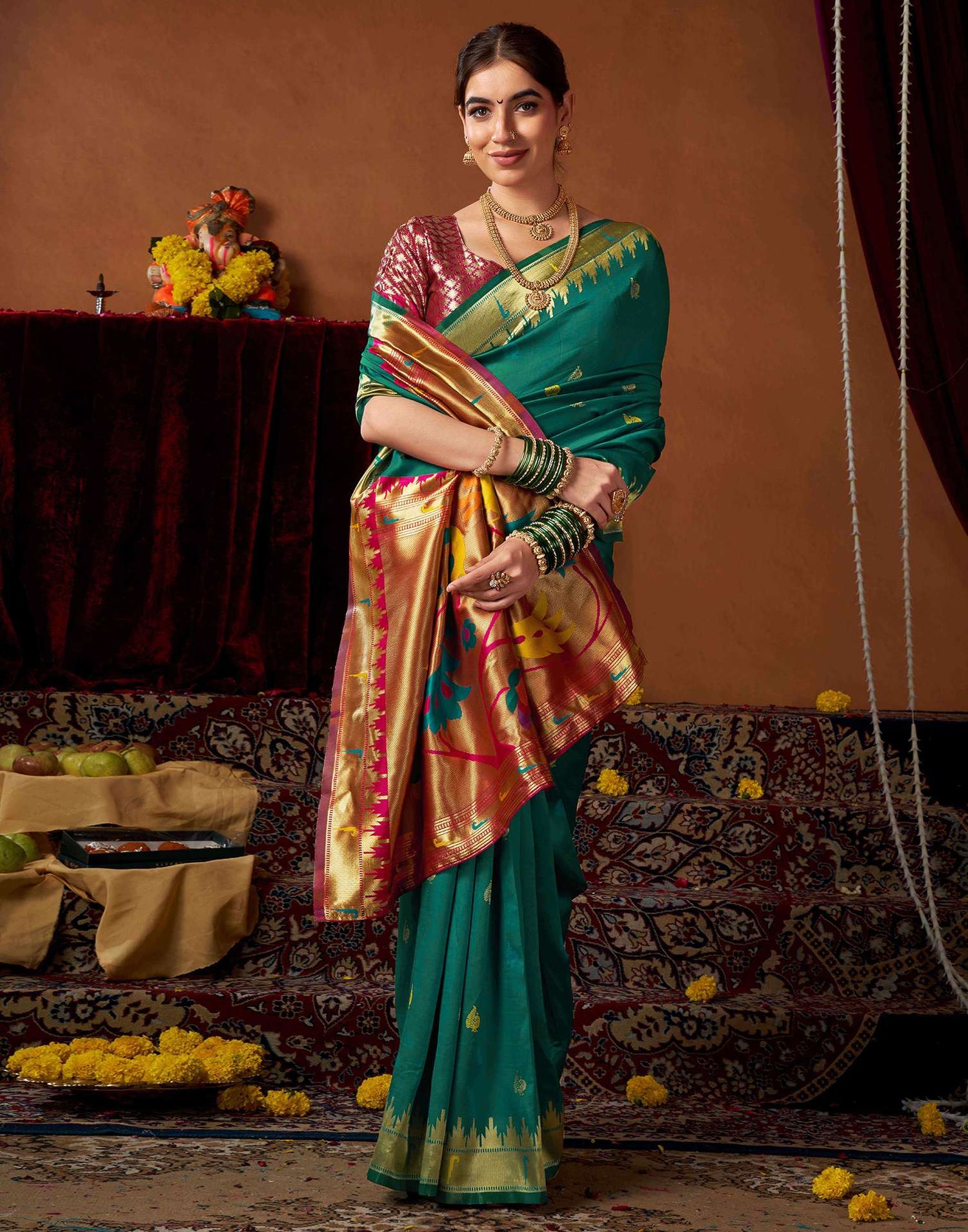 Teal Green Silk Paithani Chaturthi Saree