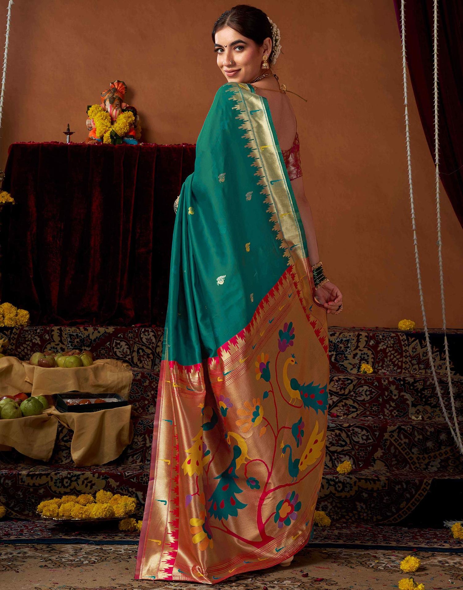 Teal Green Silk Paithani Chaturthi Saree