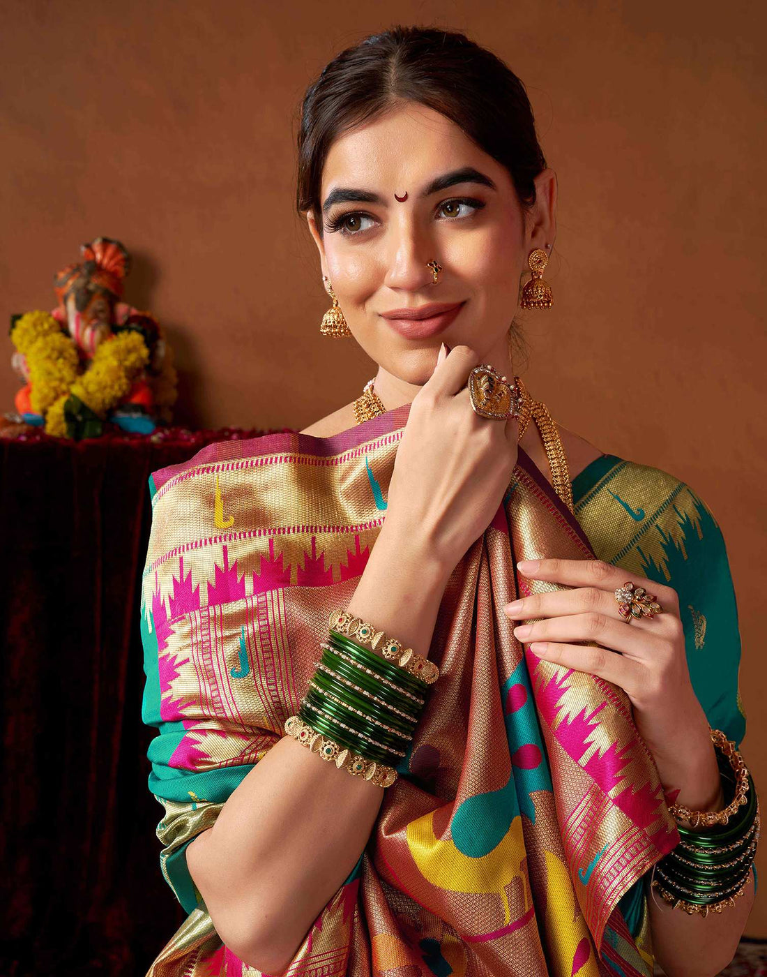 Teal Green Silk Paithani Chaturthi Saree